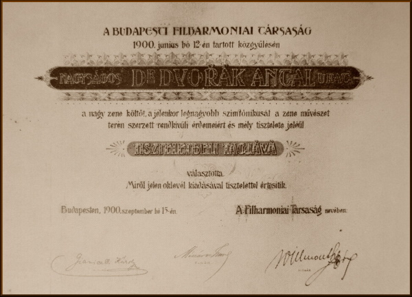 Diplom čestného členství Filharmonické společnosti v Budapešti